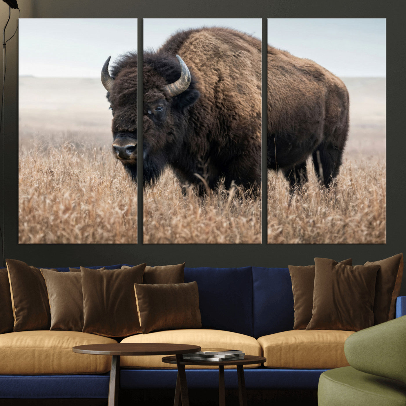 81029583-MGV-CV-36X24 - American Bison in Prairie Field Wall Art Canvas Print - Rustic Wildlife Photography
