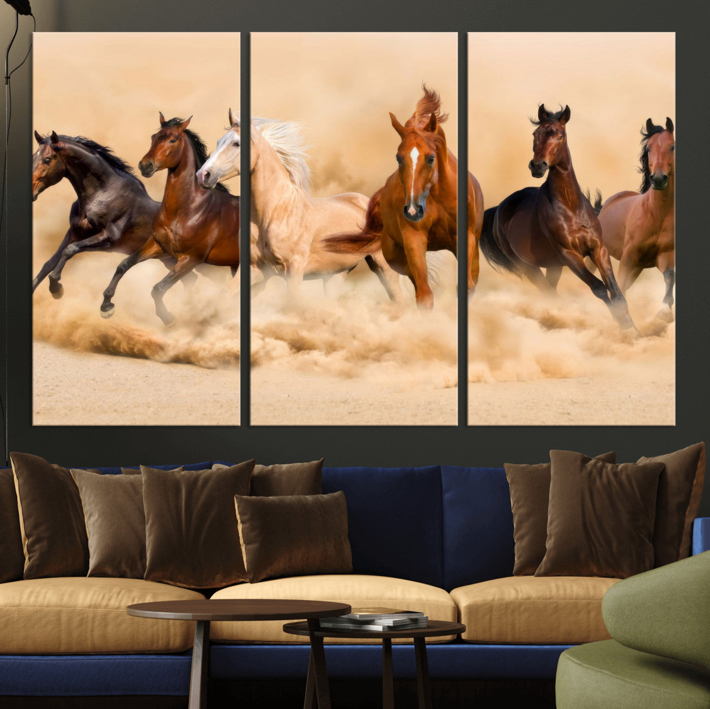 90610949-MGV-CV-36X24 - Herd of Six Wild Horses Galloping in Dust Storm Wall Art Canvas Print - Majestic Wildlife Decor