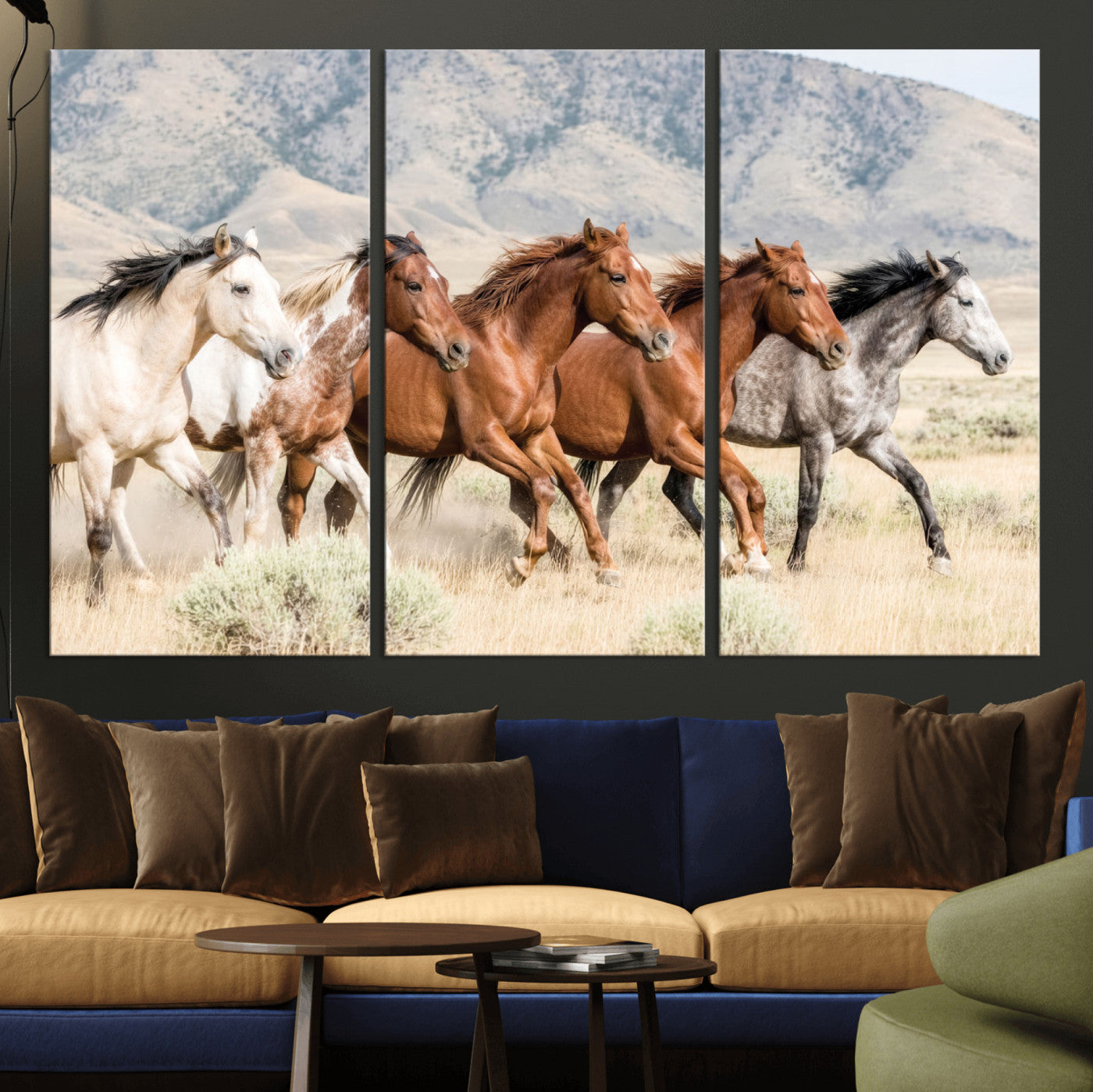 68345893-MGV-CV-36X24 - Five Mustangs Running Wild in Mountain Valley Wall Art Canvas Print - Rustic Western Decor