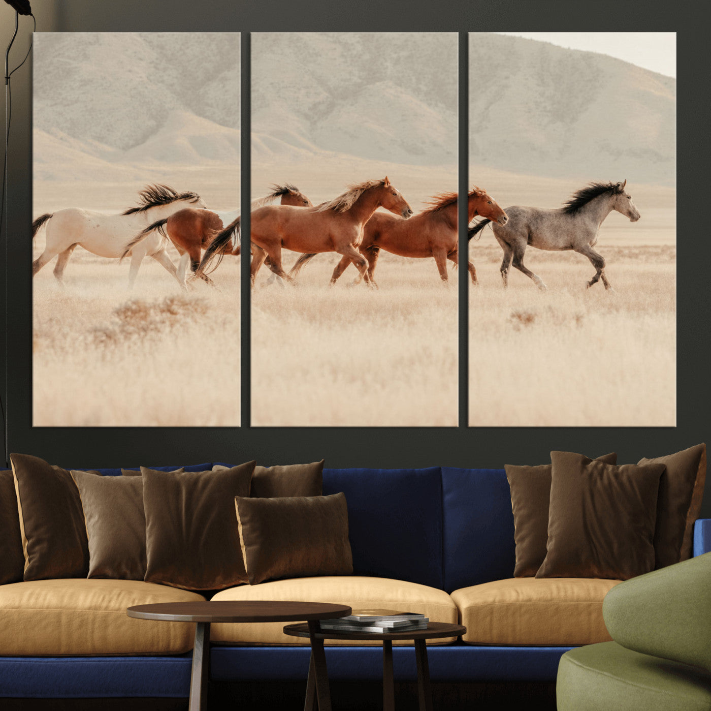 43348446-MGV-CV-36X24 - Herd of Wild Horses Running in Desert Mountain Wall Art Canvas Print - Boho Western Landscape