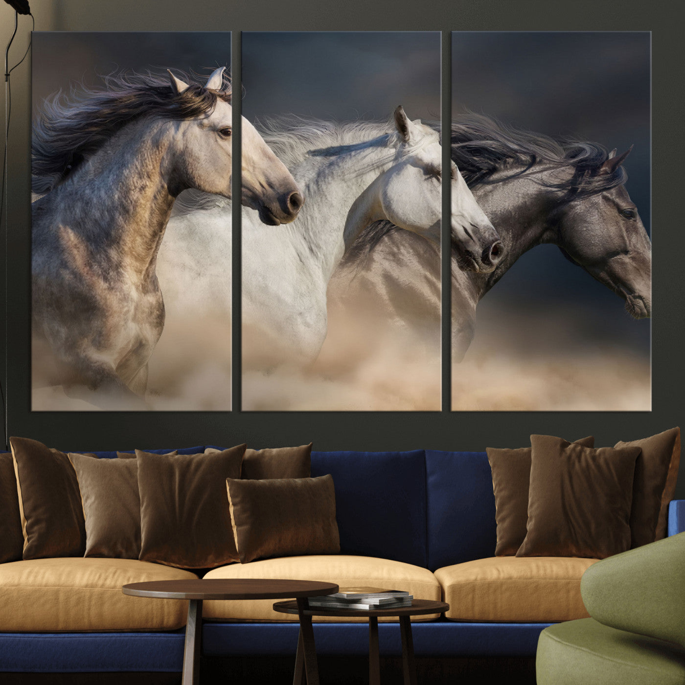 85088910-MGV-CV-36X24 - Three Wild Horses Galloping in Dust Storm Wall Art Canvas Print | Powerful Wildlife Fine Art