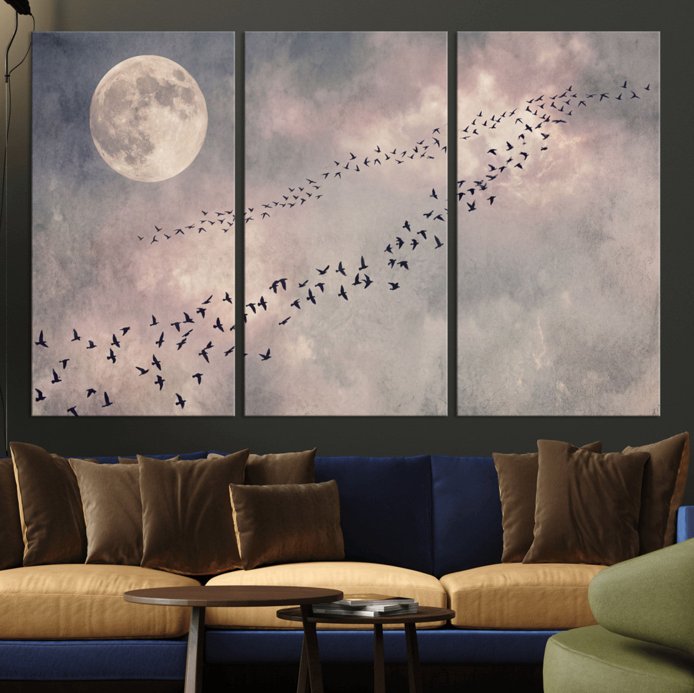 52339590-MGV-CV-36X24 - Birds Flying to Moon Wall Art Canvas Print - Vintage Surreal Night Sky Sky Print