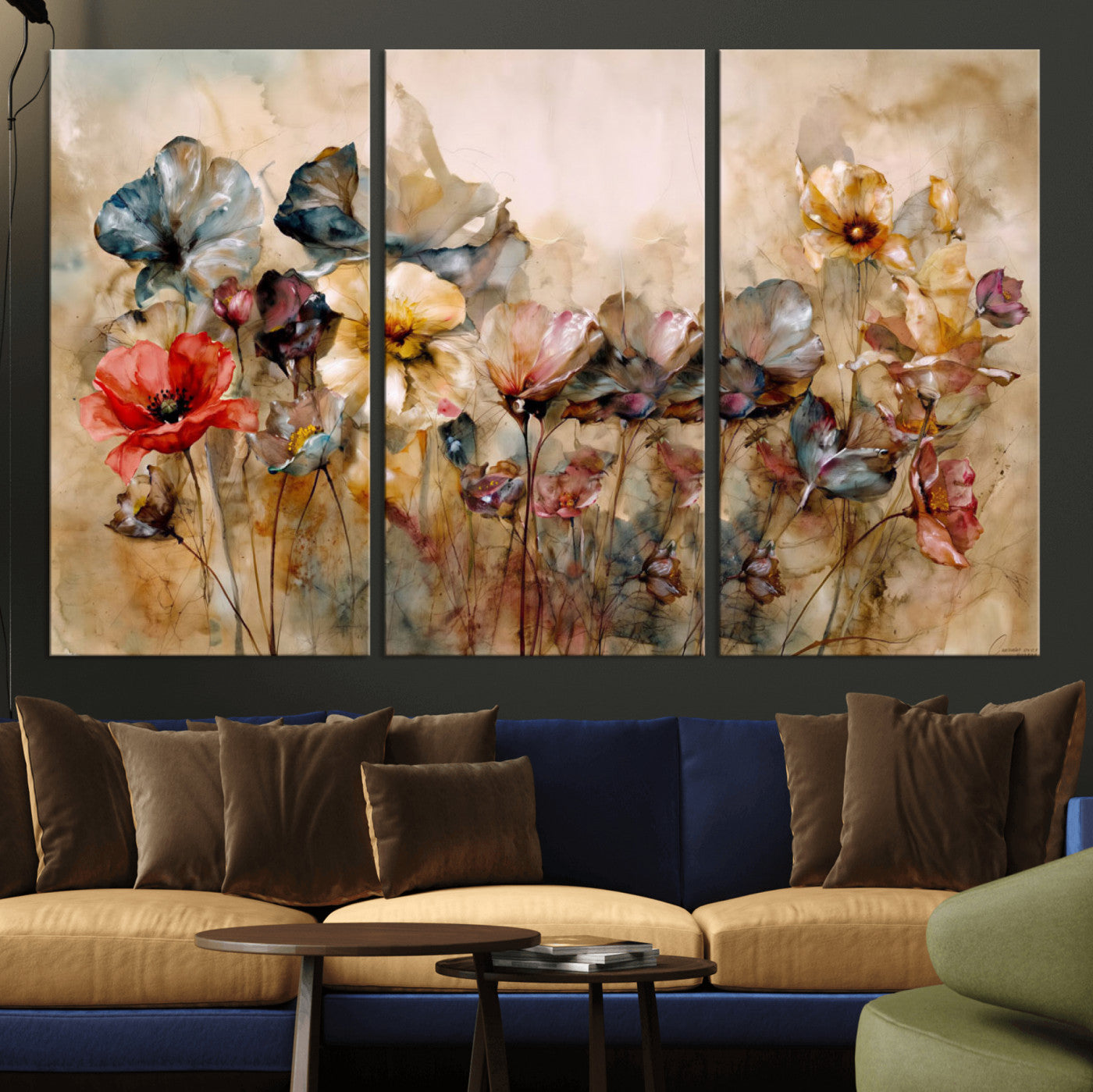 11407233-MGV-CV-36X24 - Vintage Dried Floral Meadow Wall Art Canvas Print, Translucent Watercolor Flowers Painting Print