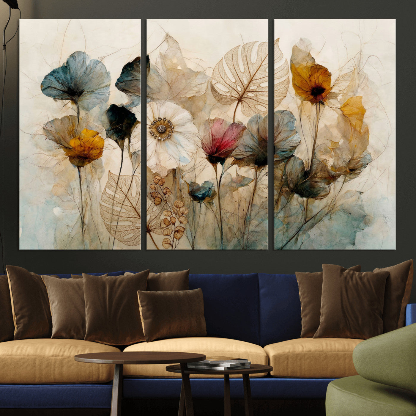 93171612-MGV-CV-36X24 - Vintage Dried Floral Meadow Wall Art Canvas Print, Translucent Watercolor Flowers Painting Print