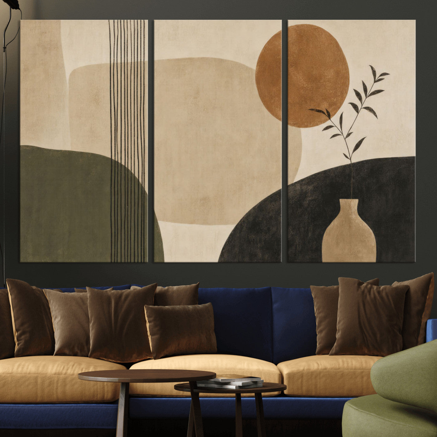 29113684-MGV-CV-36X24 - Japandi Minimalist Abstract Wall Art Canvas Print, Sage Green and Terracotta Sun Botanical Painting Print