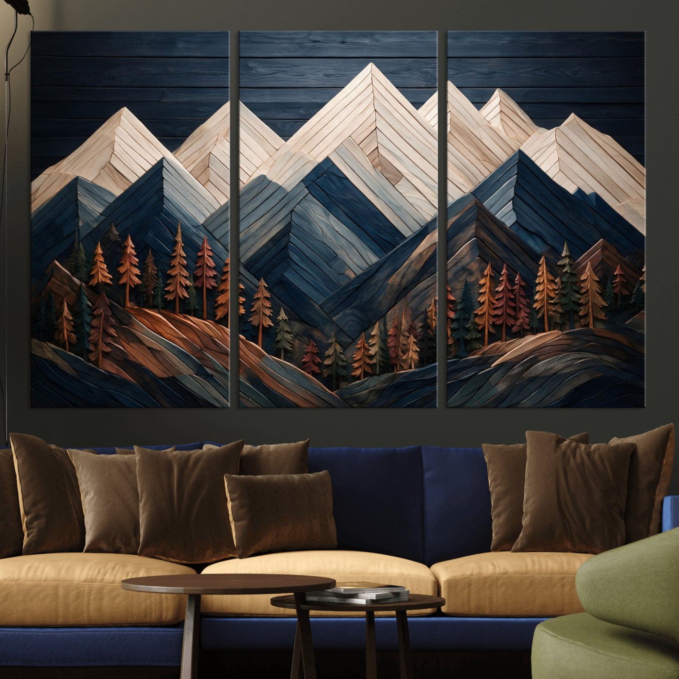 87765072-MGV-CV-36X24 - Geometric Wood Mountain Wall Art Canvas Print, 3D Look Rustic Mosaic Landscape Print
