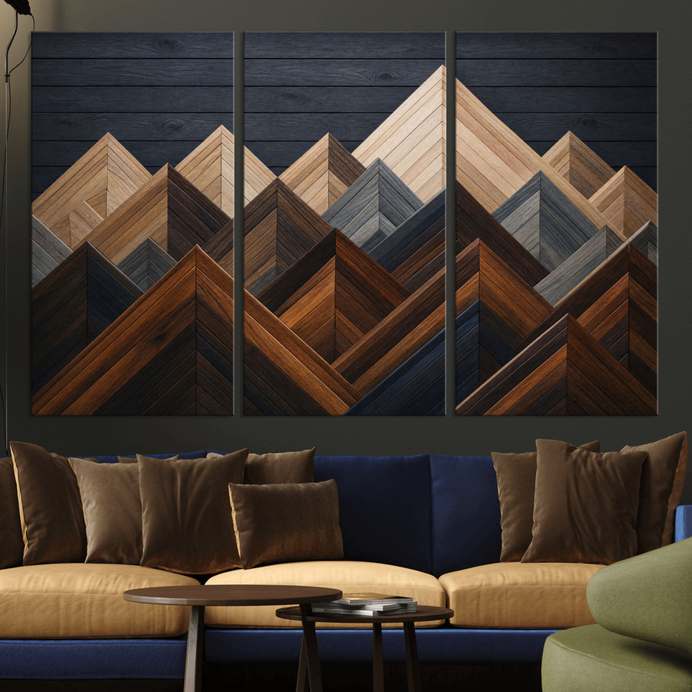 70531117-MGV-CV-36X24 - Geometric Wood Mountain Wall Art Canvas Print, 3D Look Rustic Mosaic Landscape Print
