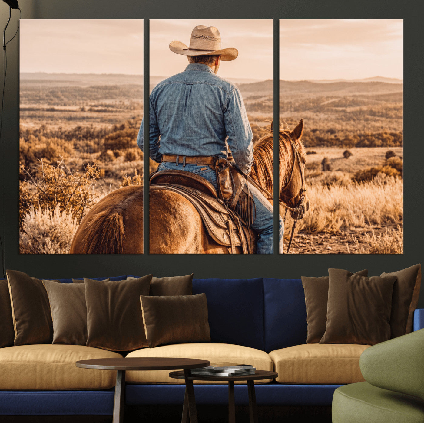 62076449-MGV-CV-36X24 - Texas Cowboy and Horse Print for Western Wall Art Decor for Farmhouse