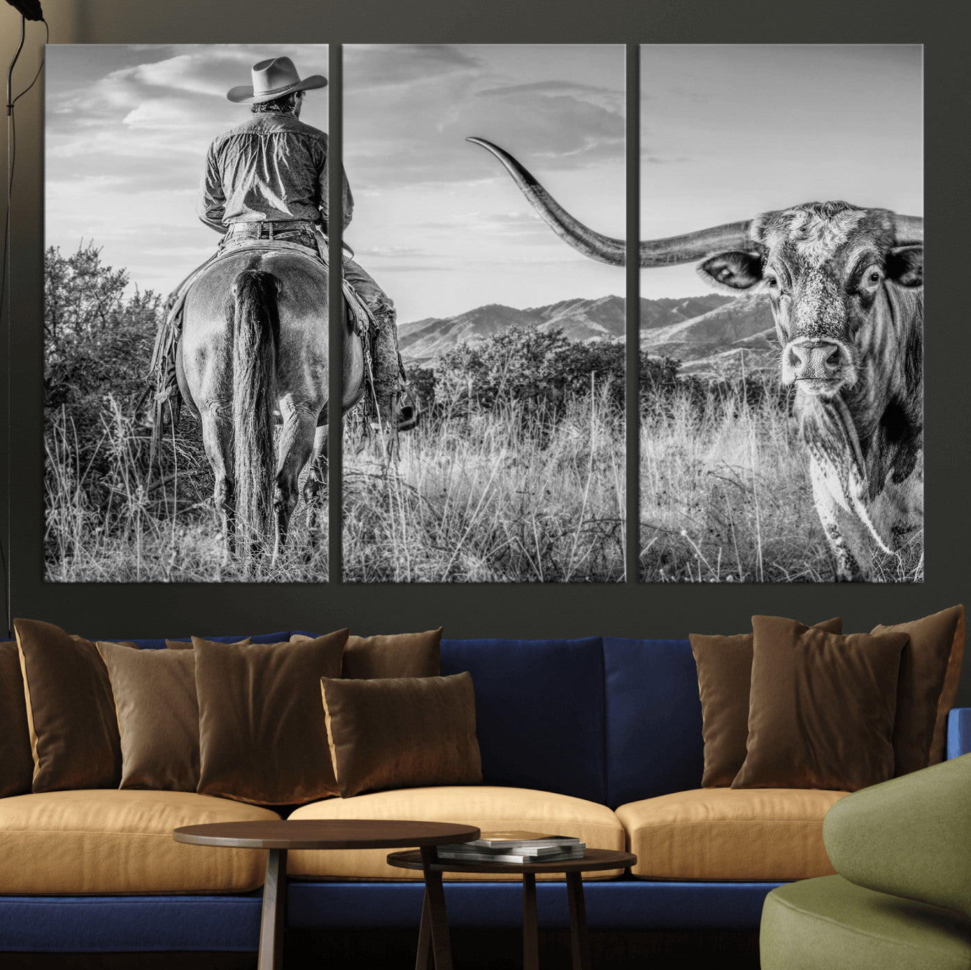62076449WB-MGV-CV-36X24 - Texas Cowboy and Longhorn Bull Print for Western Wall Art Decor for Farmhouse