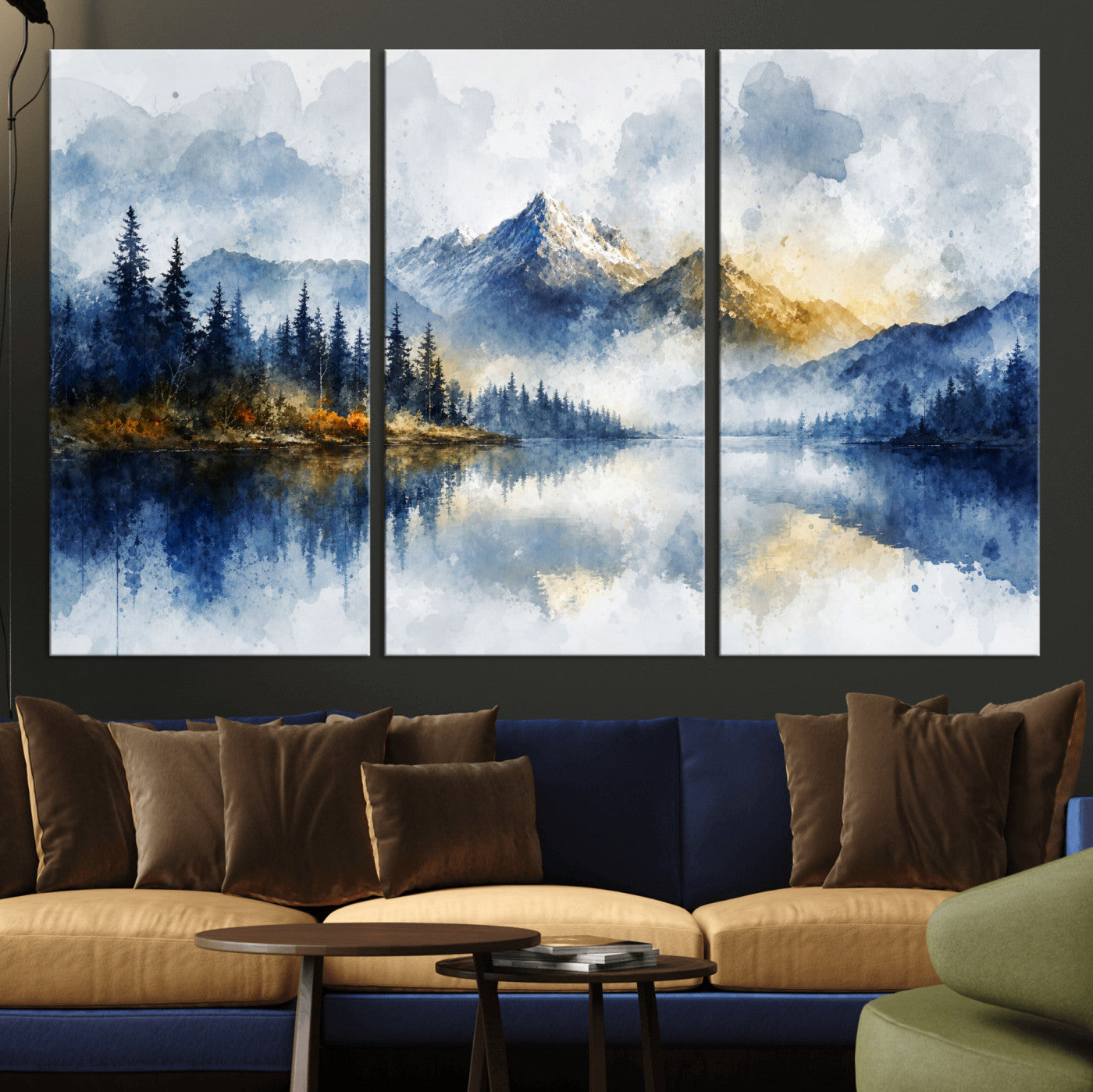 62076449DG-MGV-CV-36X24 - Abstract Watercolor Mountain Lake Wall Art Print for Living Room Decor