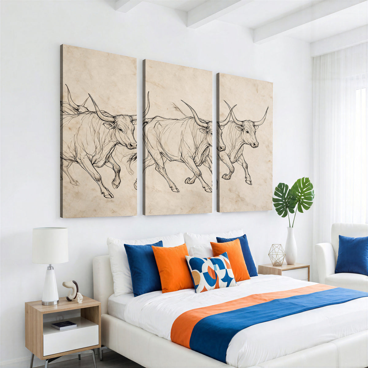 87177621-MGV-CV-36X24 - Minimalist Longhorn Line Art, Modern Texas Bull Canvas Print, Abstract Western Wall Decor