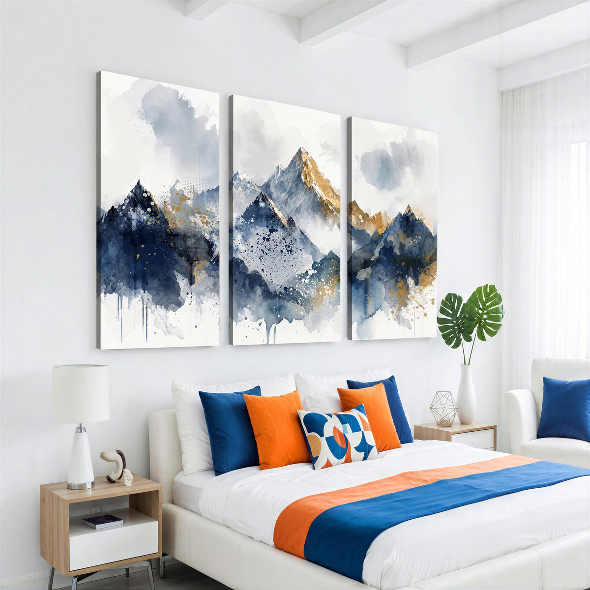 87460616-MGV-CV-36X24 - Abstract Mountain Canvas Wall Art, Blue Gold Foil Landscape Print, Modern Indigo Wall Decor