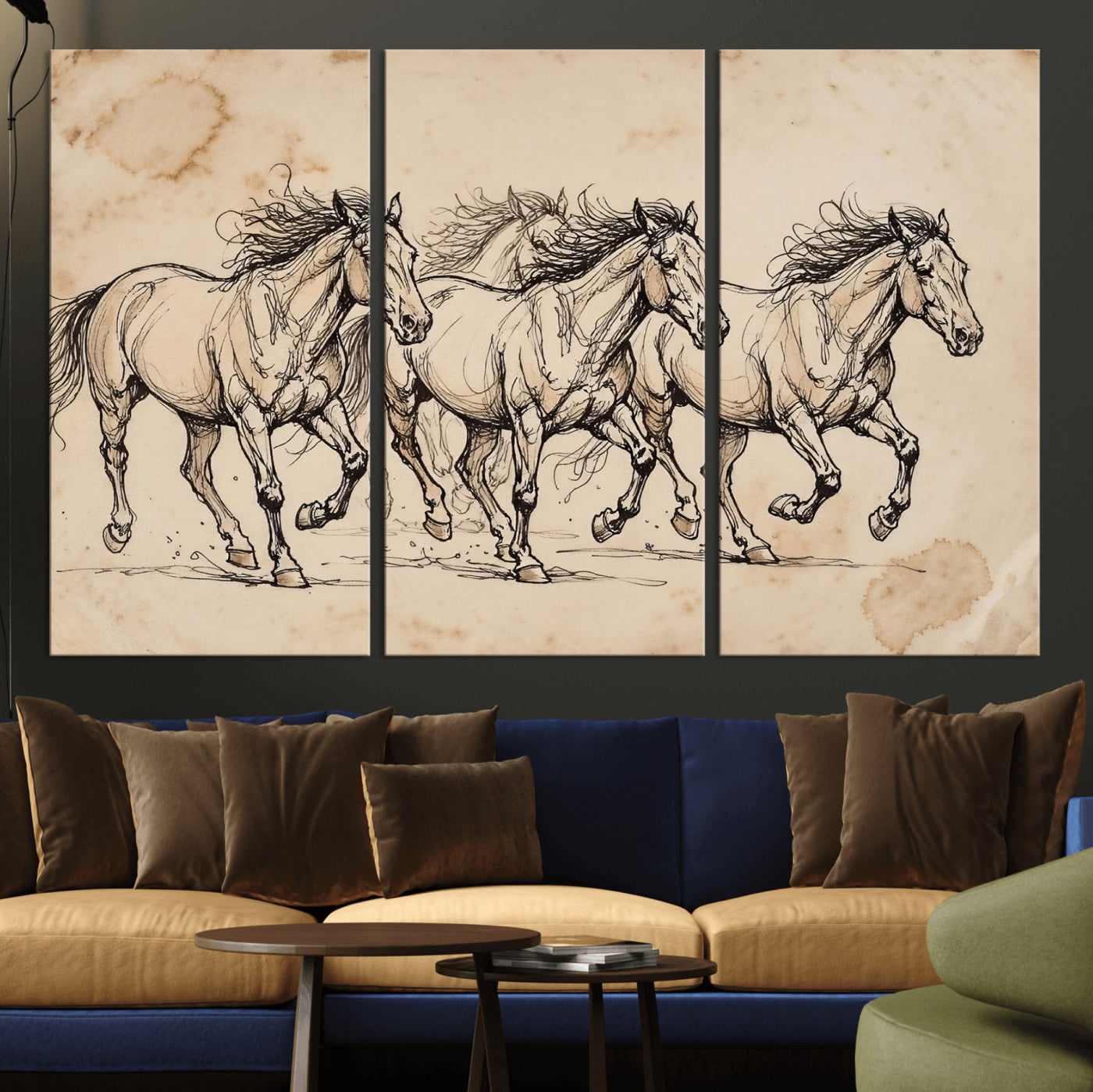18242163-MGV-CV-36X24 - Vintage Horse Sketch Canvas Wall Art, Wild Horses Pencil Drawing Print, Antique Parchment Western Decor, Equine Sketching, Country Manor Gift
