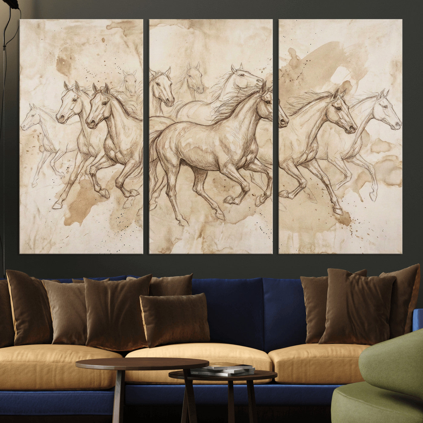 52233469-MGV-CV-36X24 - Vintage Horse Sketch Canvas Wall Art, Wild Horses Pencil Drawing Print, Antique Parchment Western Decor, Equine Sketching, Country Manor Gift