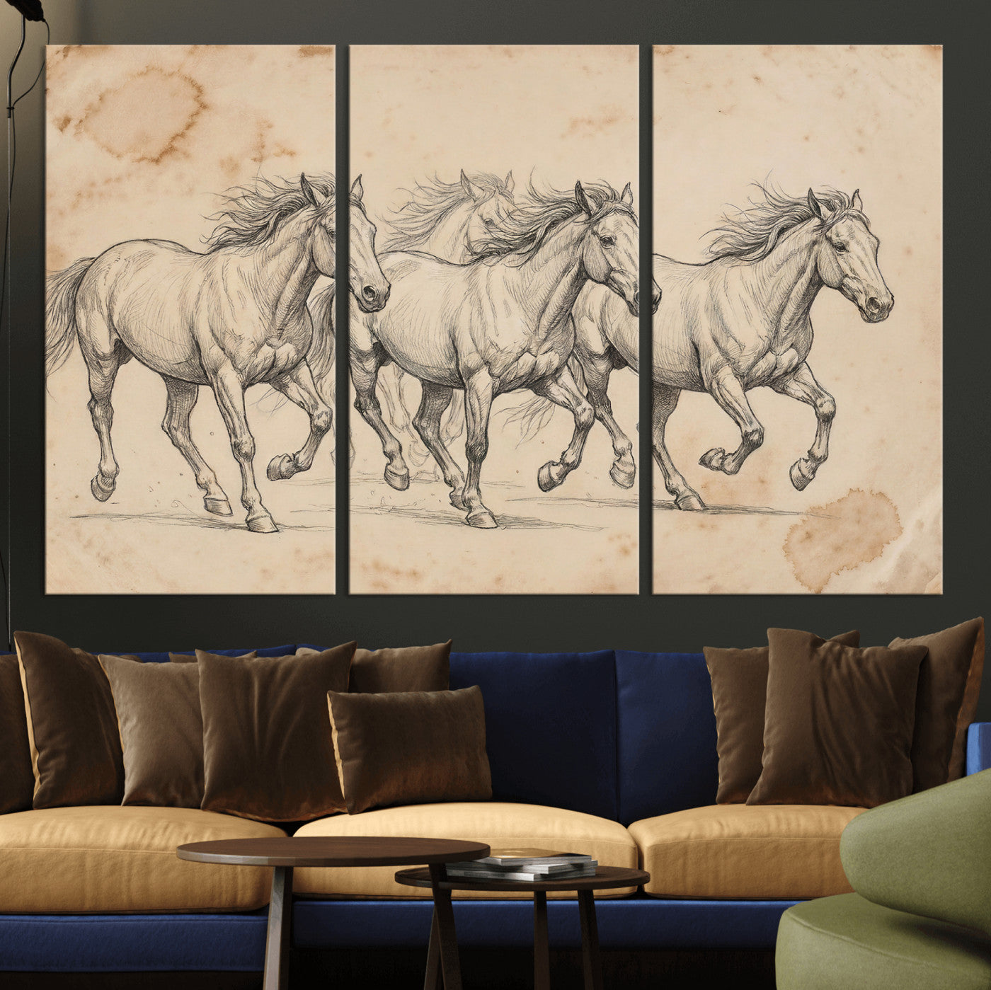 16644391-MGV-CV-36X24 - Vintage Horse Sketch Canvas Wall Art, Wild Horses Pencil Drawing Print, Antique Parchment Western Decor, Equine Sketching, Country Manor Gift