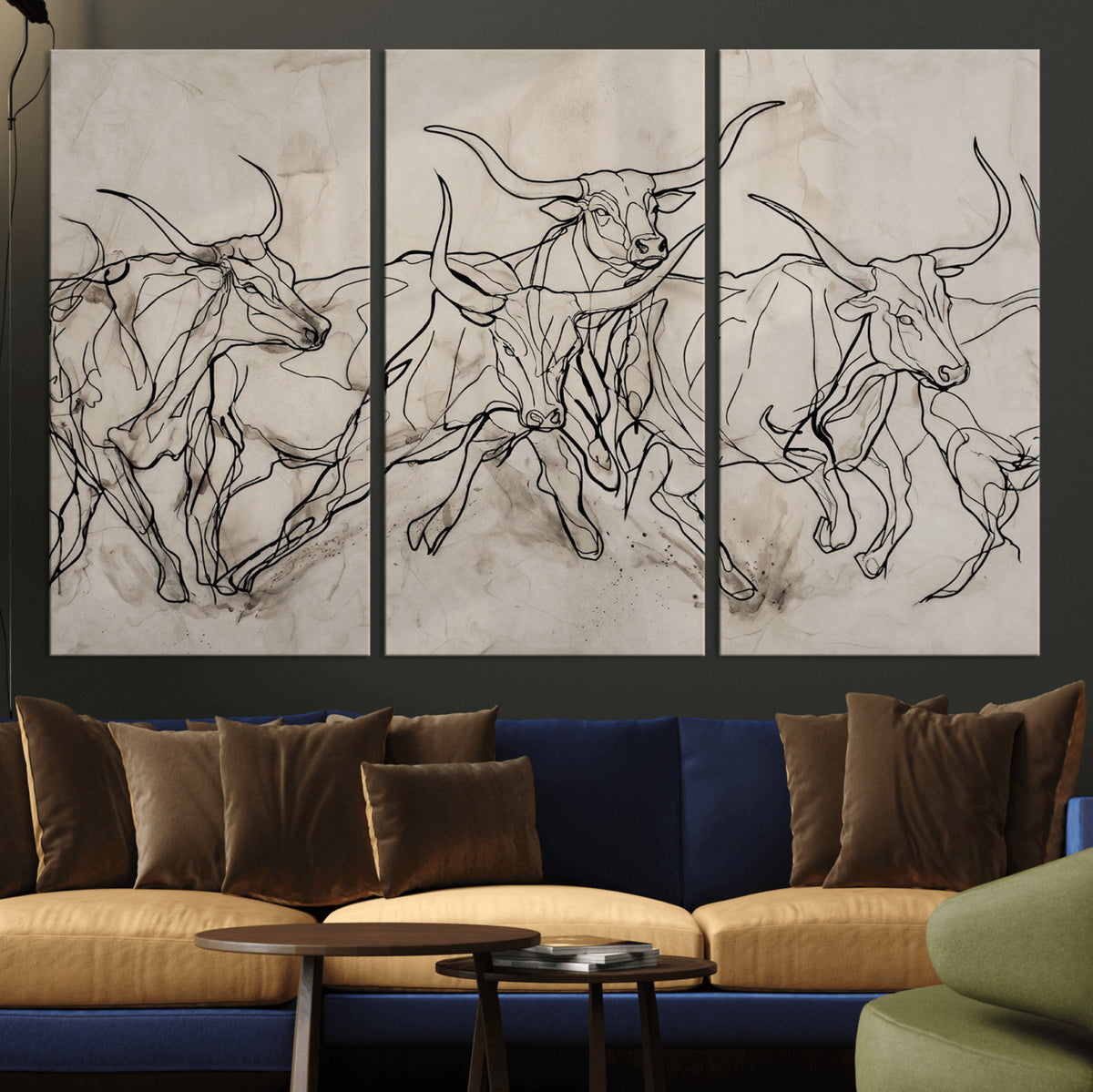 16671245-MGV-CV-36X24 - Minimalist Longhorn Line Art, Modern Texas Bull Canvas Print, Abstract Western Wall Decor, Continuous Line Artwork, Black White Ranch Gift