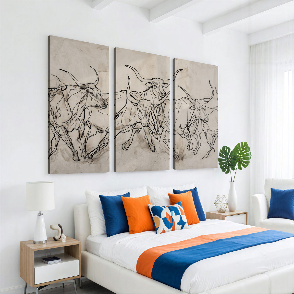 16671245-MGV-CV-36X24 - Minimalist Longhorn Line Art, Modern Texas Bull Canvas Print, Abstract Western Wall Decor