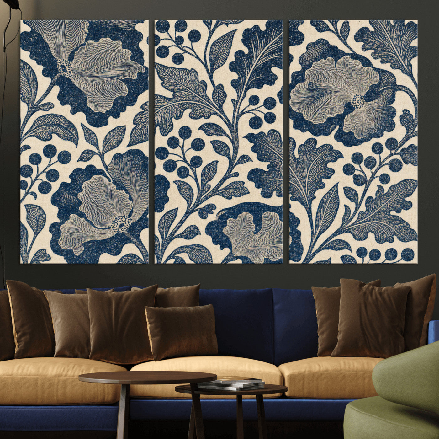 23824002-MGV-CV-36X24 - William Morris Style Navy Blue Floral Wall Art Canvas Print, Vintage Cream Botanical Painting Print