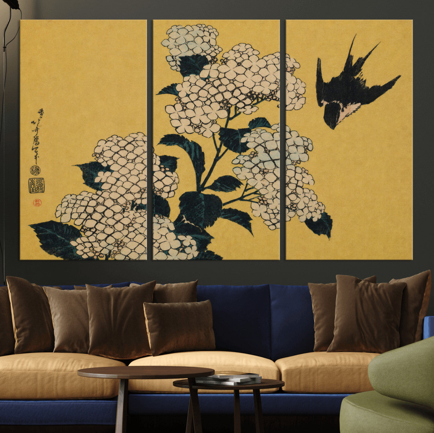 92483501-MGV-CV-36X24 - Katsushika Hokusai Hydrangea and Swallow Wall Art Canvas Print, Japanese Woodblock Painting Print