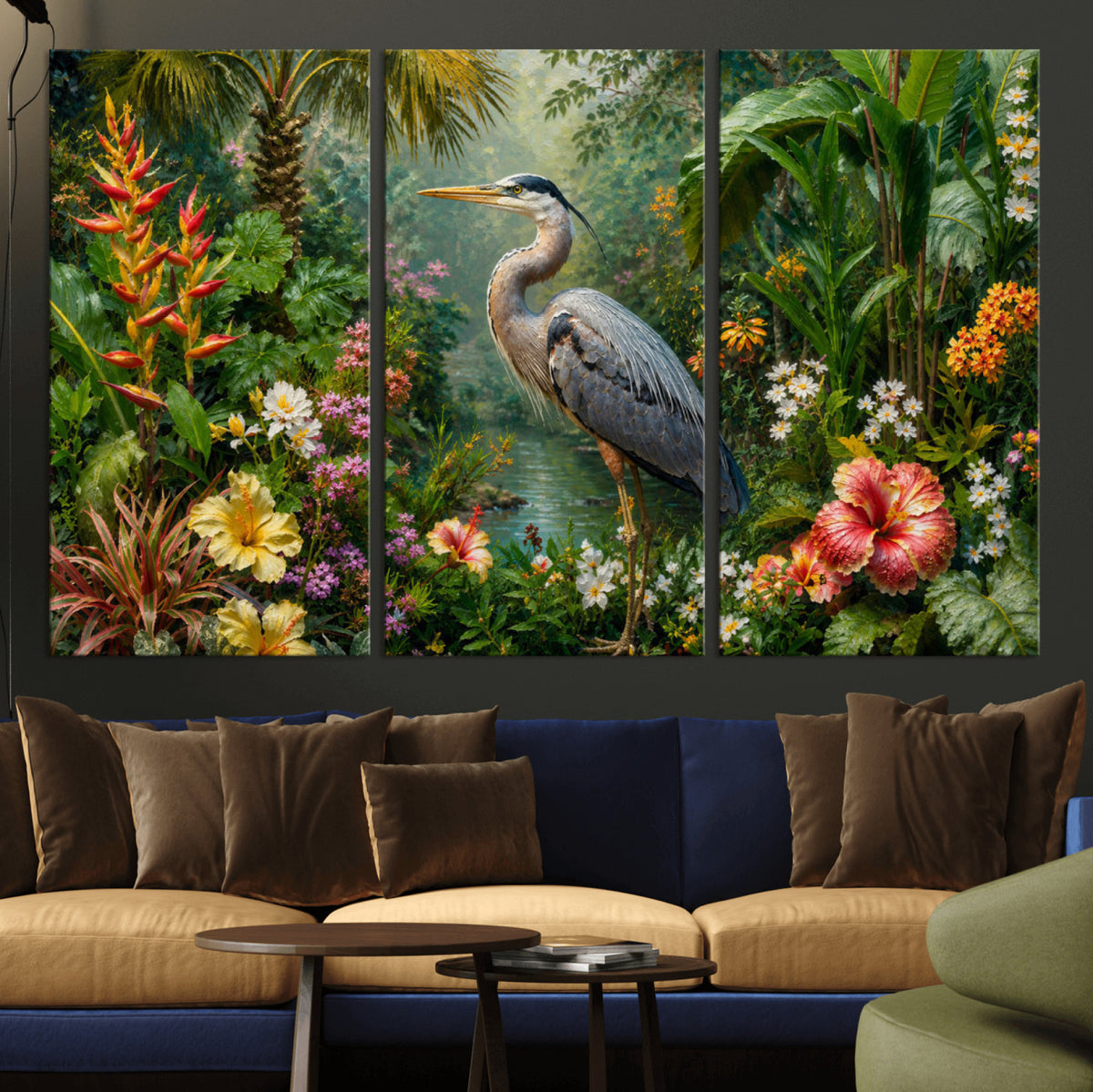 81059387-MGV-CV-36X24 - Great Blue Heron Tropical Jungle Wall Art Canvas Print, Exotic Botanical Garden Painting Print