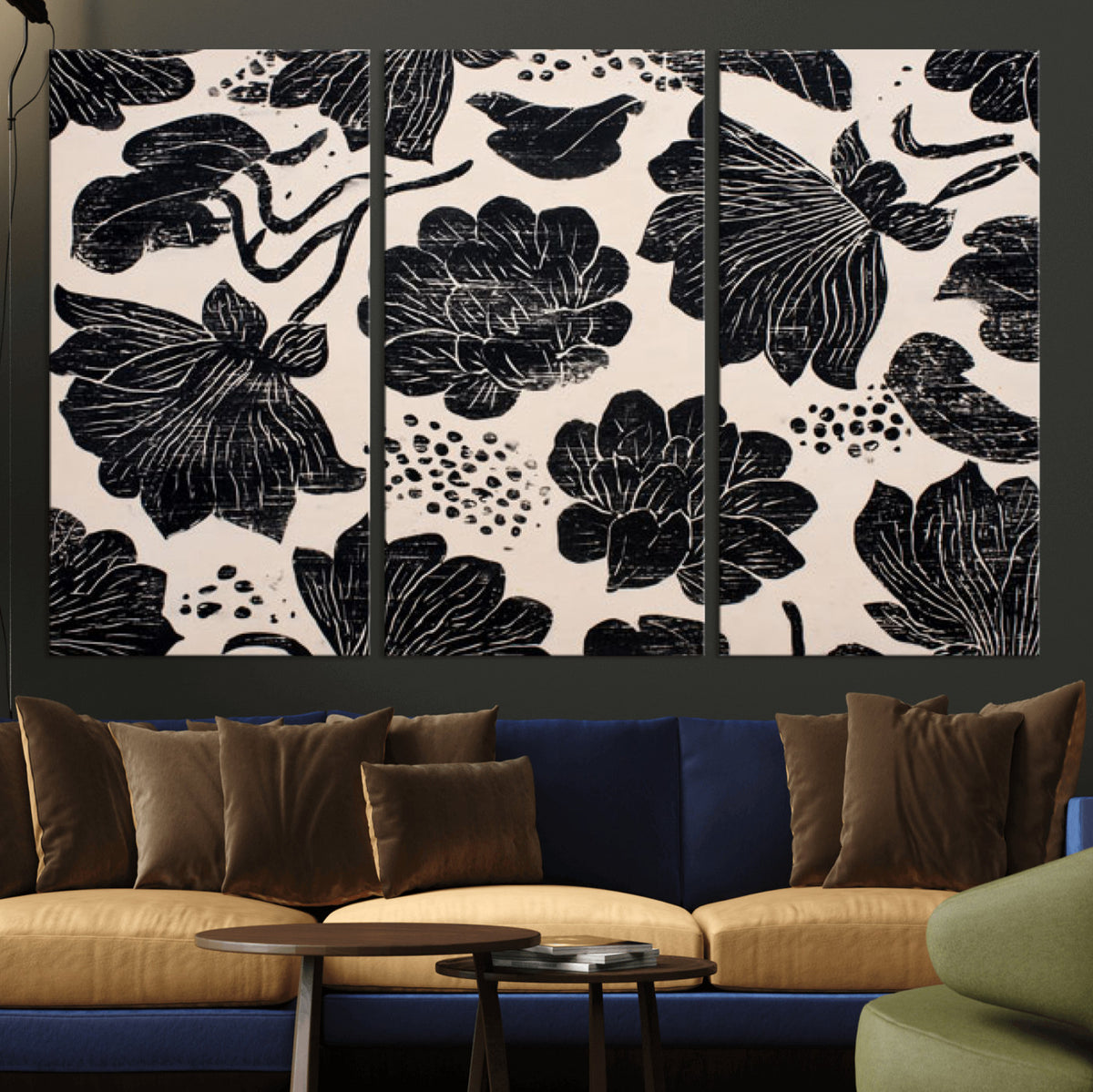 81787117-MGV-CV-36X24 - Linocut Black Lotus Floral Wall Art Canvas Print, Vintage Monochrome Botanical Painting Print