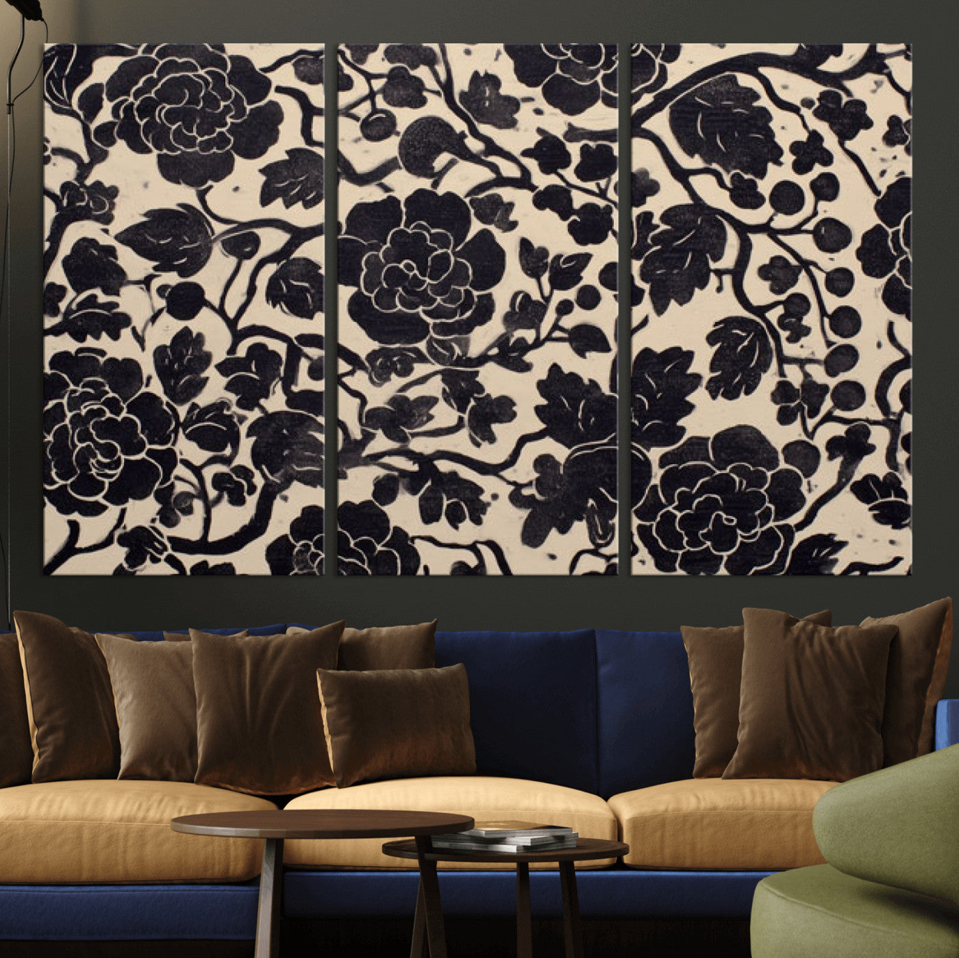86696255-MGV-CV-36X24 - Vintage Black and Cream Floral Wall Art Canvas Print, Chinoiserie Botanical Painting Print