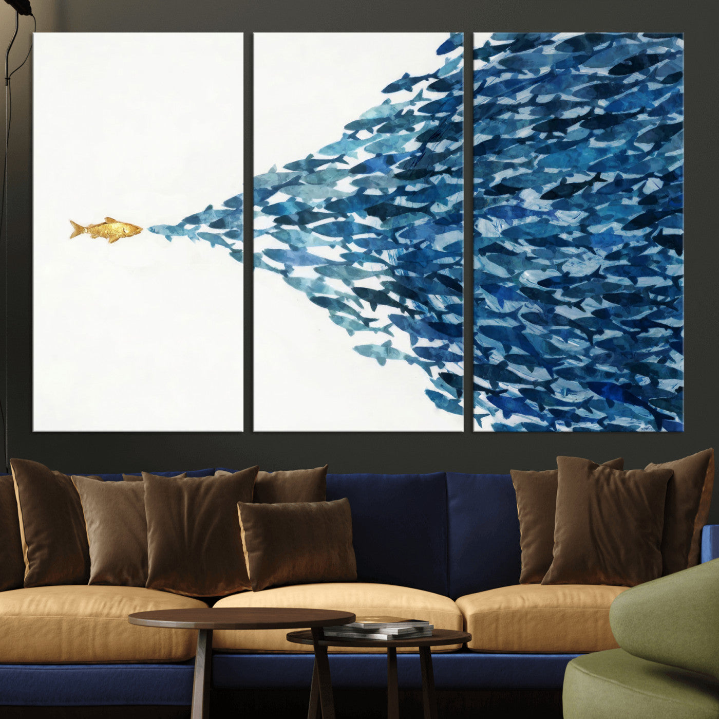 79089639-MGV-CV-36X24 - Abstract Blue Fish School Canvas Wall Art, Gold Foil Accent Marine Print
