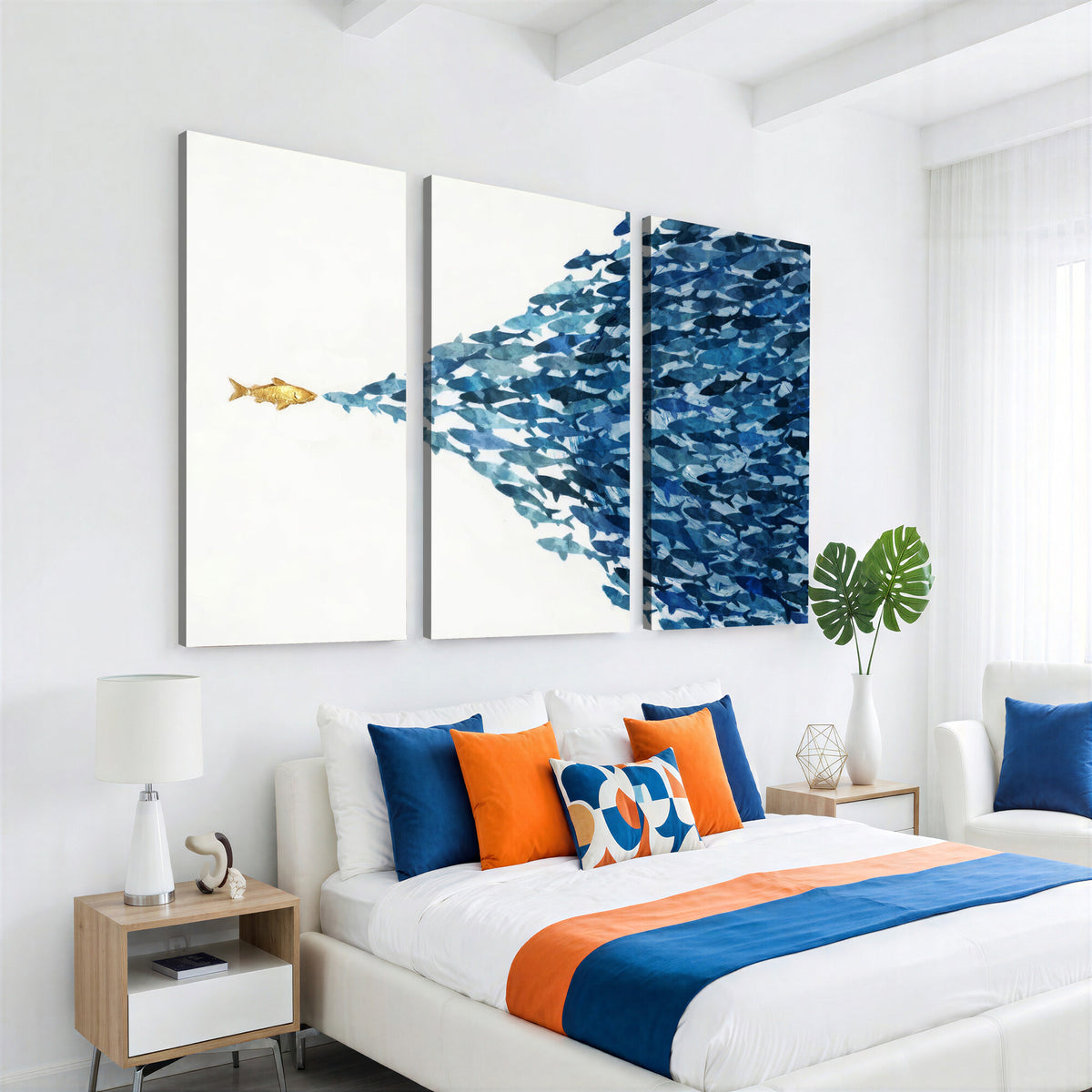 79089639-MGV-CV-36X24 - Abstract Blue Fish School Canvas Wall Art, Gold Foil Accent Marine Print