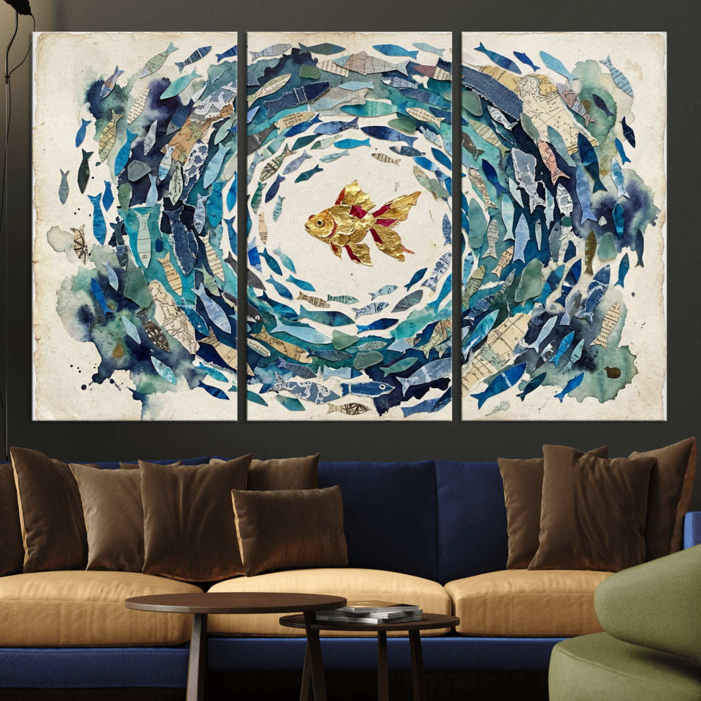 73165663-MGV-CV-36X24 - Mixed Media Blue Fish Swirl Canvas Wall Art, Goldfish Collage Ocean Print