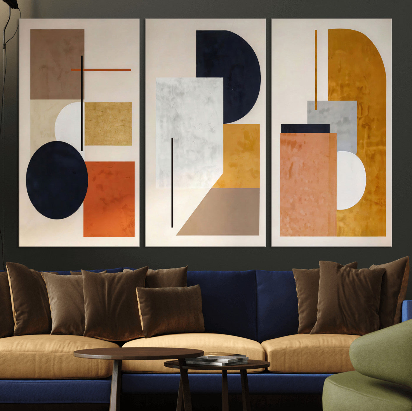 87361249-MGV-CV-48X32-3P - Mid Century Modern Geometric Canvas Wall Art, Abstract Triptych Print