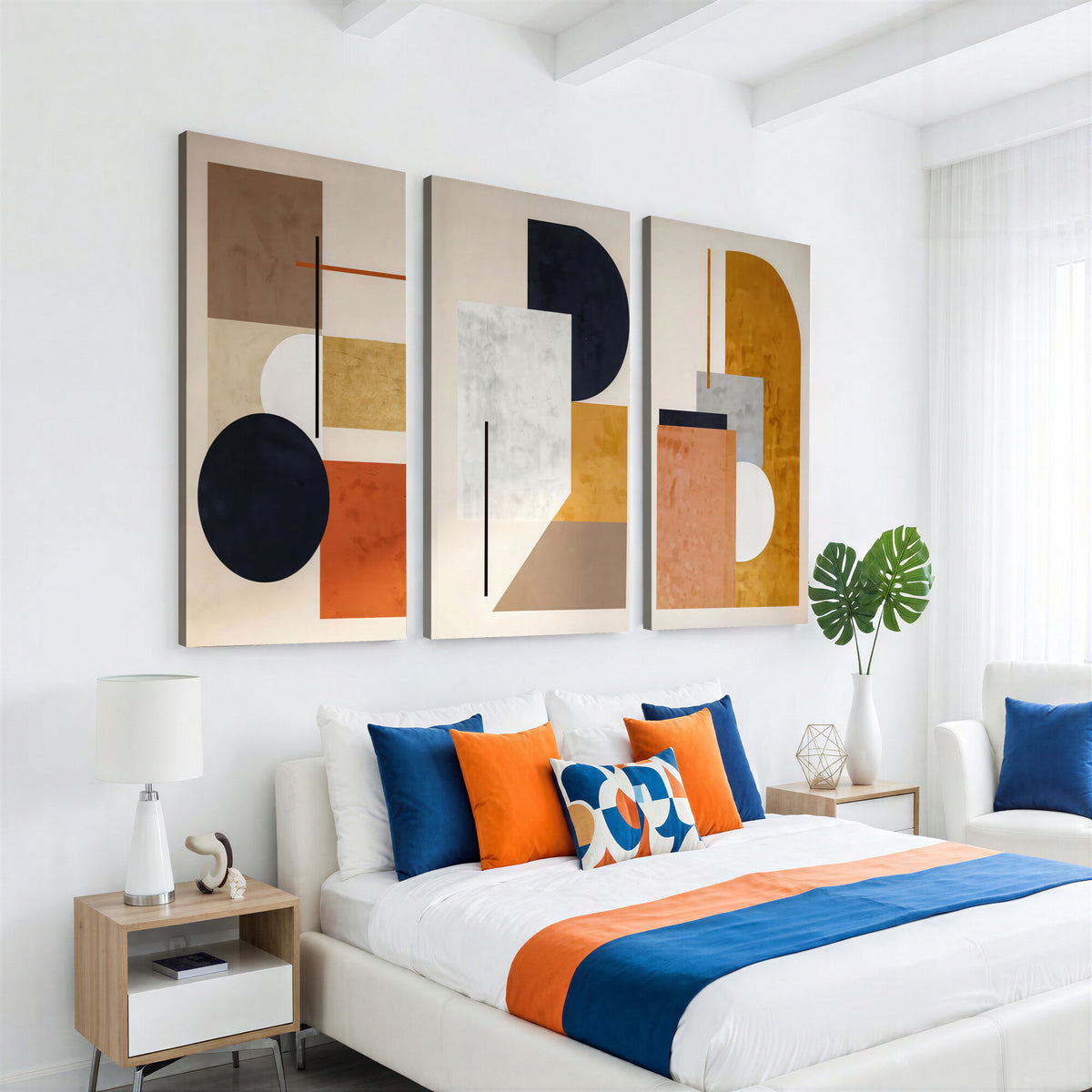 87361249-MGV-CV-48X32-3P - Mid Century Modern Geometric Canvas Wall Art, Abstract Triptych Print