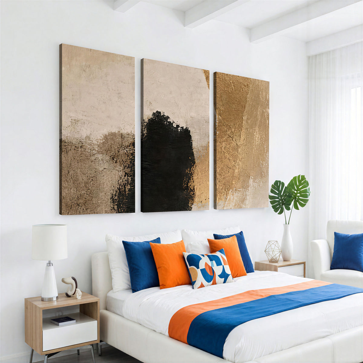 36003778-MGV-CV-48X32-3P - Mid Century Modern Geometric Canvas Wall Art, Abstract Triptych Print