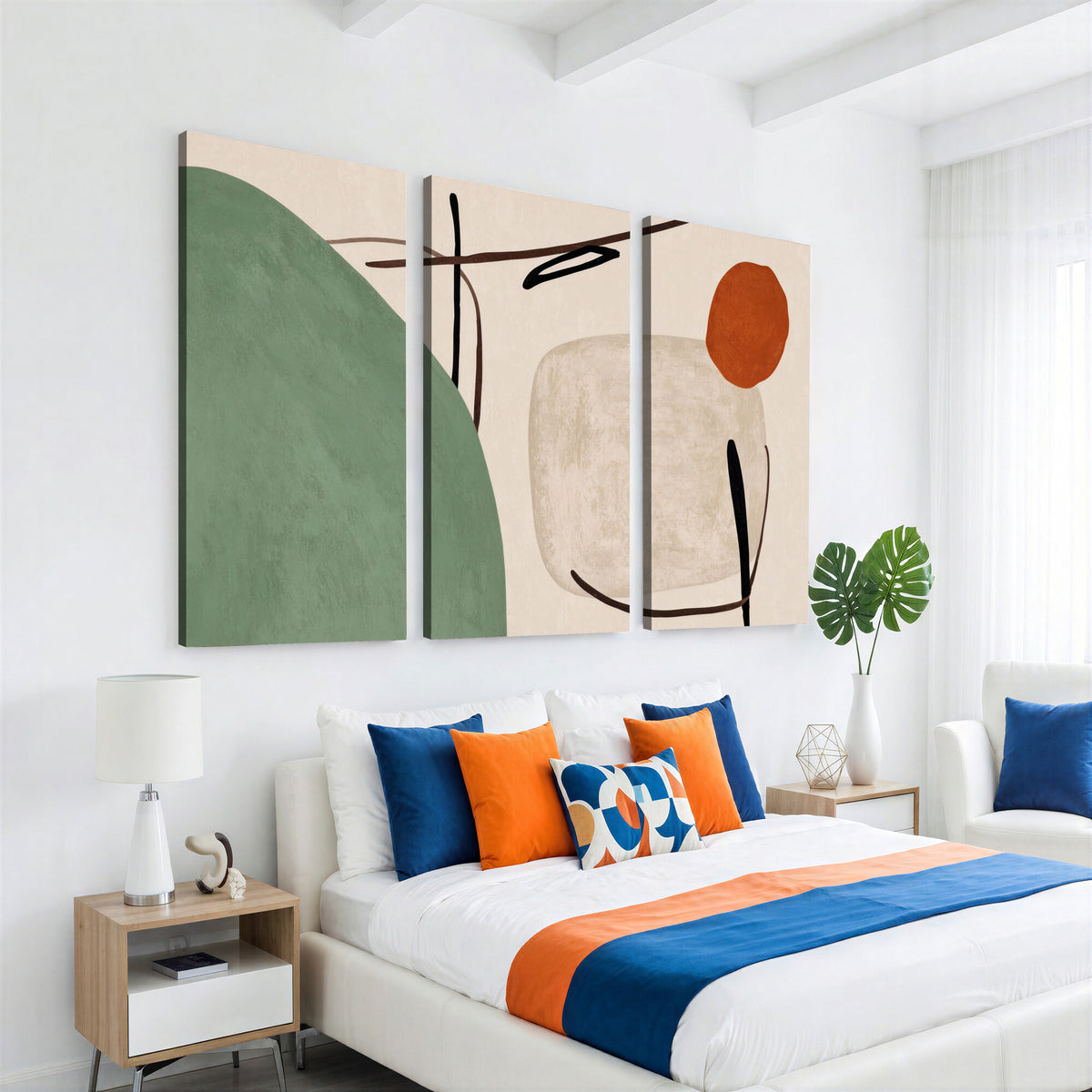 46798824-MGV-CV-48X32-3P - Mid Century Modern Geometric Canvas Wall Art, Abstract Triptych Print