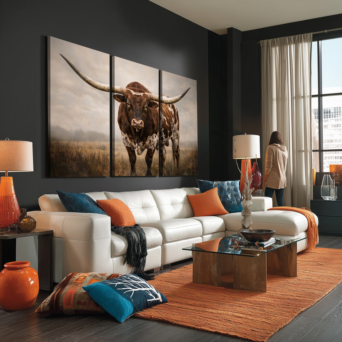 25239047A-MGV-CV-36X24 - Texas Longhorn Canvas Wall Art Western Bull Desert Moody Grey Overcast Rustic Farmhouse Framed Large for Living Room Bedroom Office Decor