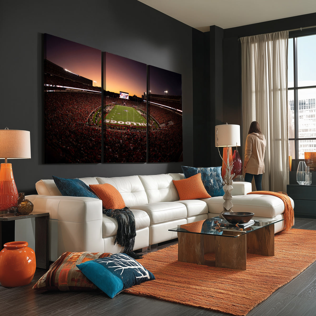 97720998-_Poster-30x20 - Georgia Bulldogs Stadium Sunset Canvas Print 3 Piece Framed Wall Art Extra Large Floating Frame Sports Poster Made in USA