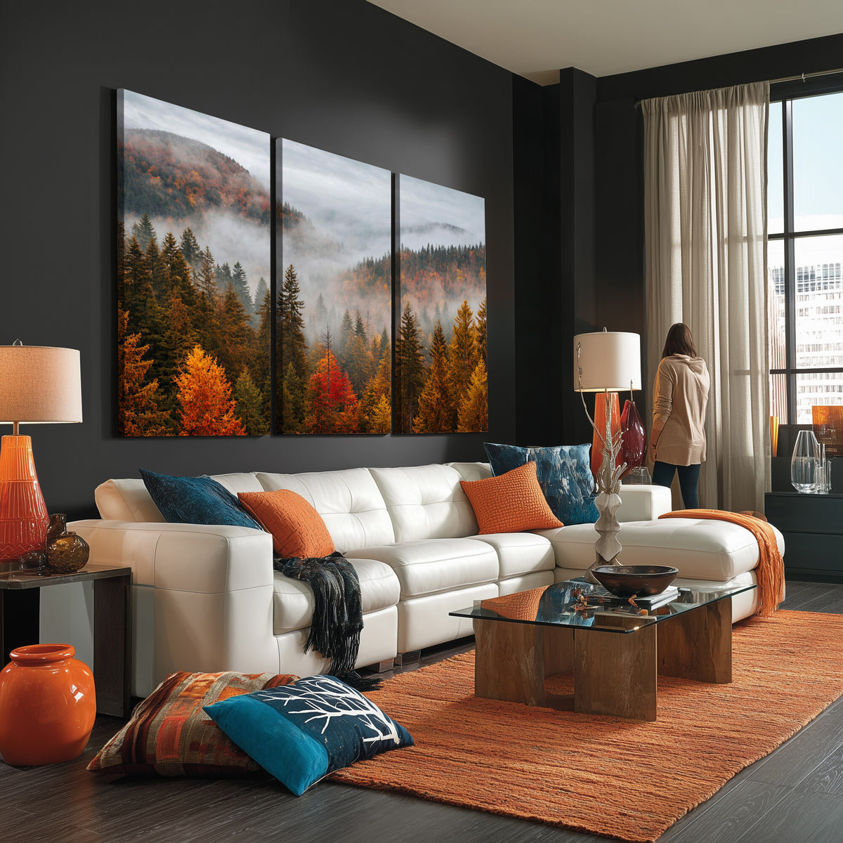 87481341-_Poster-30x20 - Foggy Autumn Mountain Canvas Print Smoky Pine Forest Wall Art Panoramic Nature Poster 3 Piece Made in USA