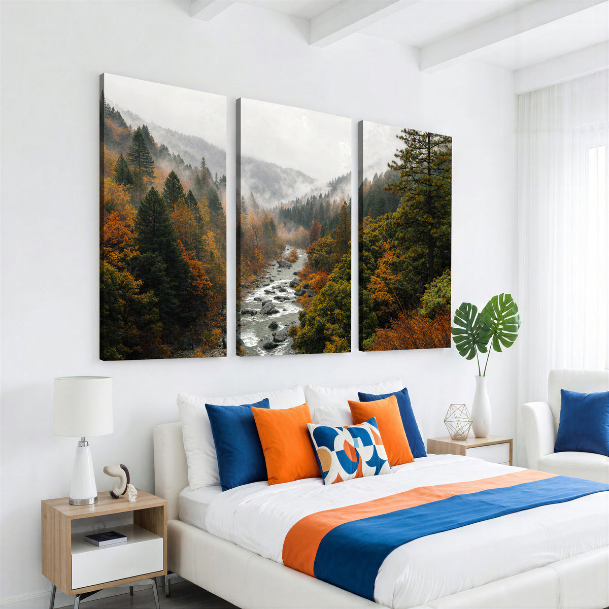 95540697-MGV-TP-30X20 - Misty River Mountain Valley Canvas Wall Art - Autumn Forest Landscape Nature Print