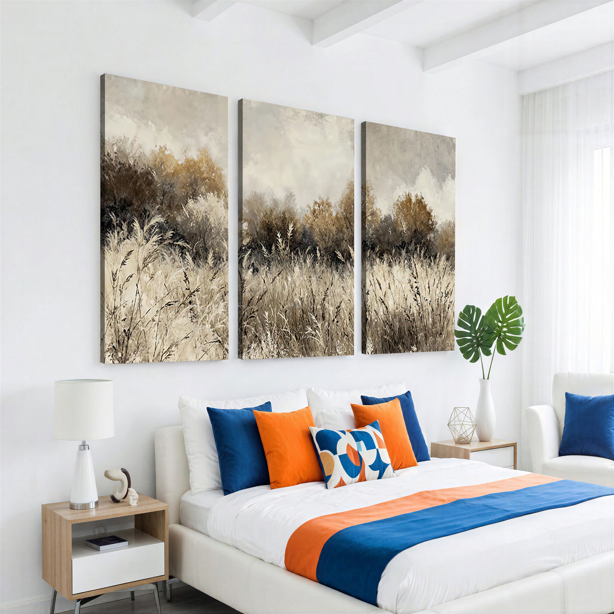 53959945-MGV-TP-30X20 - Muted Neutral Forest Landscape Canvas Wall Art - Vintage Rustic Wildflower Meadow Print