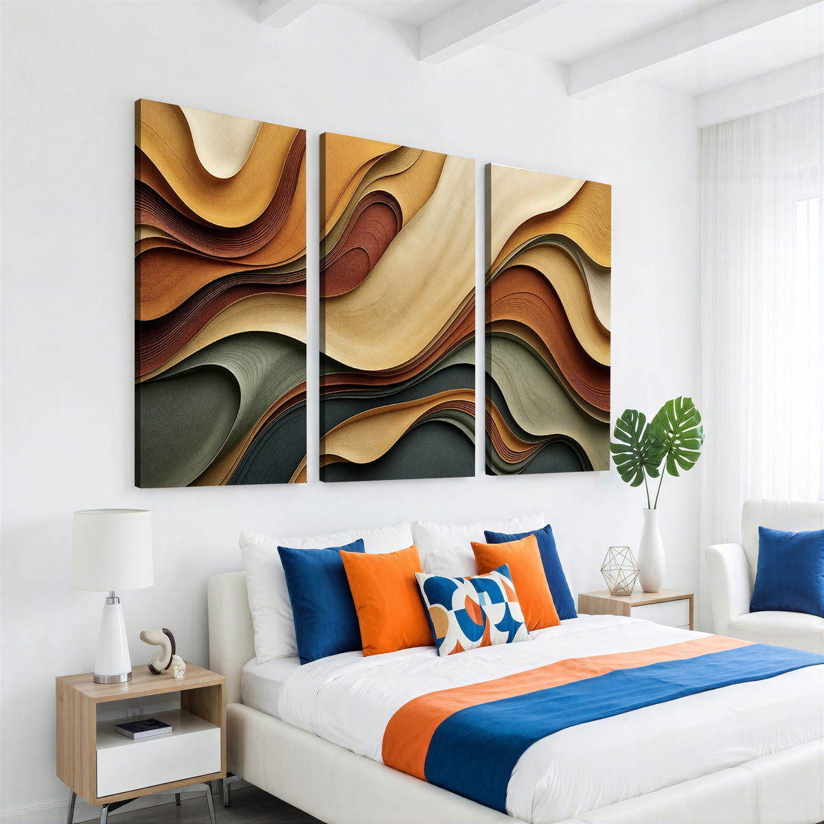19337902-_Poster-30x20 - Modern Abstract Waves Canvas Wall Art - Minimalist Earthy Tone Living Room Decor