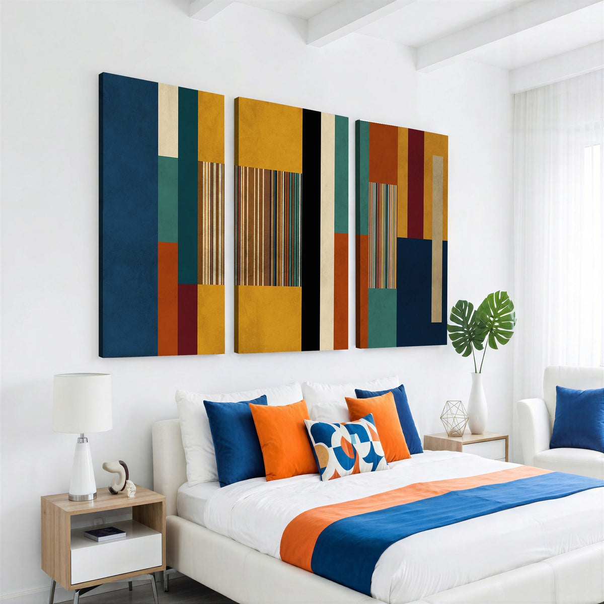 53992657-MGV-CV-48X32-3P - Mid Century Abstract Color Block Canvas Wall Art, Geometric Striped Canvas Print