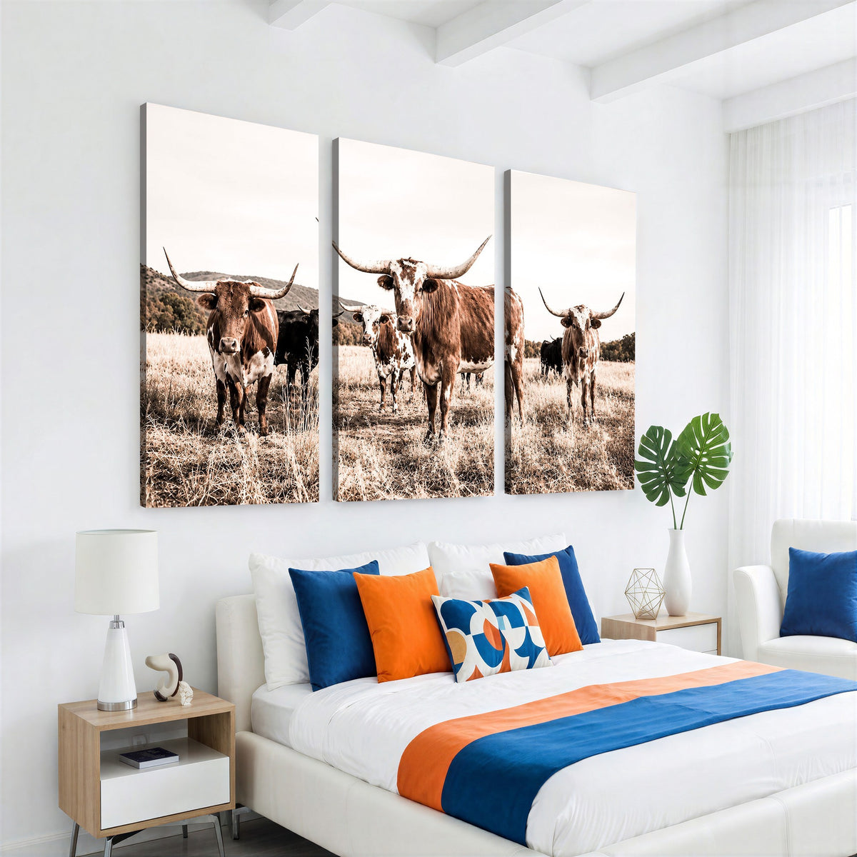 25234808-MGV-CV-48X32-3P - Texas Longhorn Cattle Canvas Wall Art, Western Ranch Home Decor