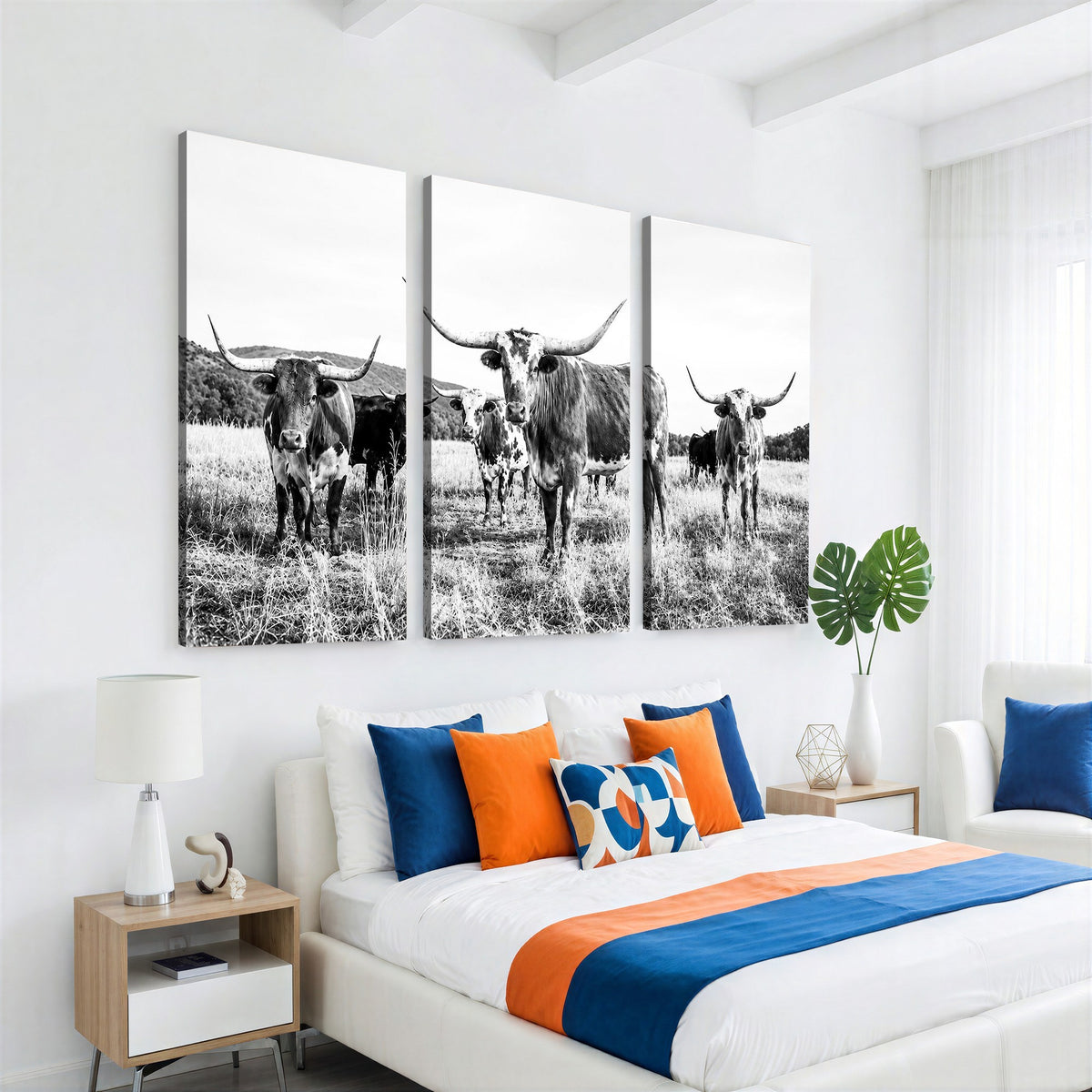 73228277-MGV-CV-48X32-3P - Black and White Longhorn Cattle Canvas Print, Western Ranch Wall Decor