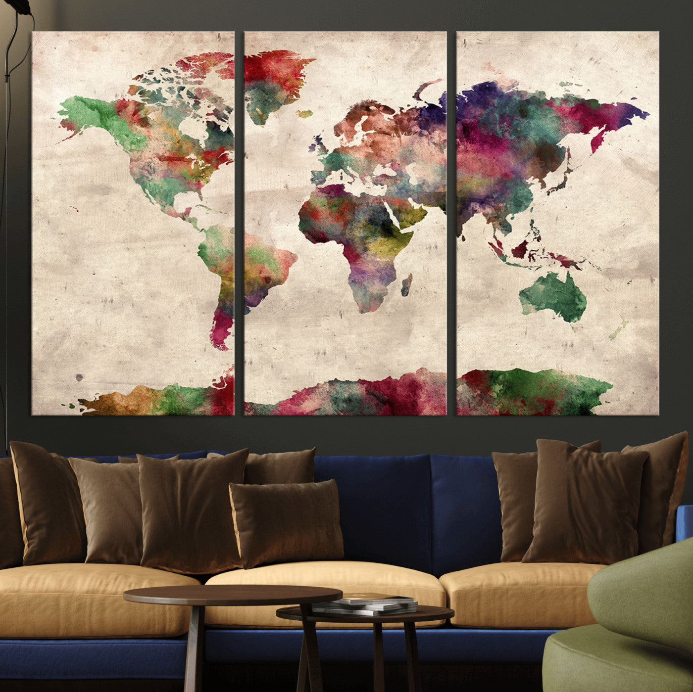 69476-MGV-CV-36X24-Watercolor World Map Canvas Print – Framed Push Pin Wall Art for Couples, Colorful Travel Map Artwork for Elegant Home and Office Decor