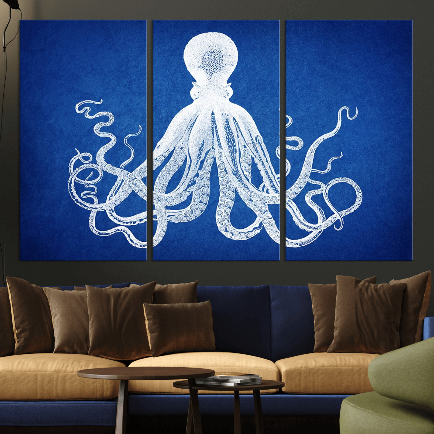 67315-MGV-CV-36X24-Large 3-Panel Blue Octopus Canvas Wall Art | Coastal Marine Life Artwork for Living Room, Bedroom,