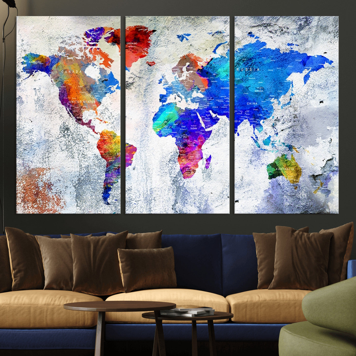 27352-MGV-CV-36X24-World Map Canvas Print – Colorful Abstract Push Pin Travel Map, Framed Wall Art for Home or Office Decor