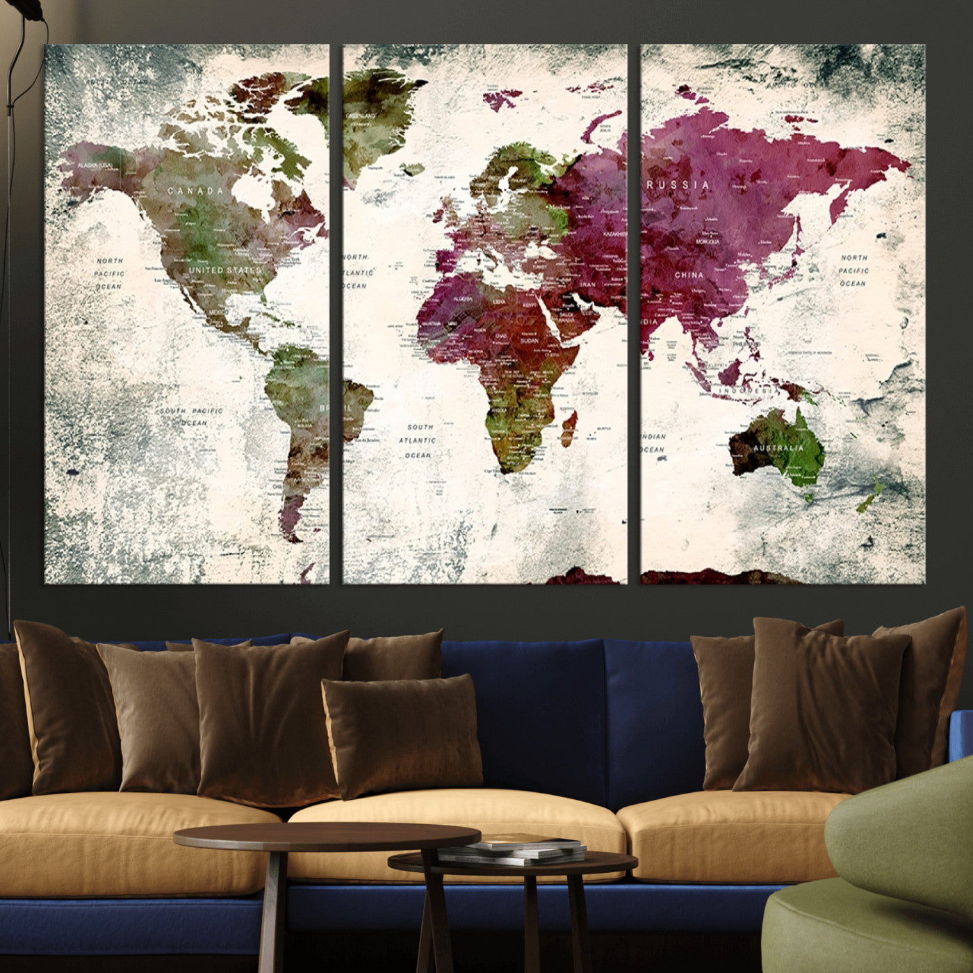39882-MGV-CV-36X24-Vintage Watercolor Push Pin World Map Canvas – Framed Travel Wall Art for Home and Office Decor