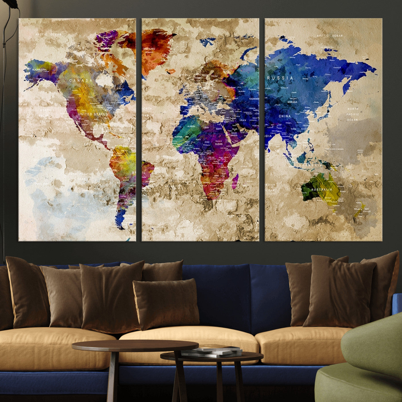 92939-MGV-CV-36X24-Colorful World Map Canvas Wall Art – Abstract Watercolor Map Print, Modern Travel Decor for Home Office or Study