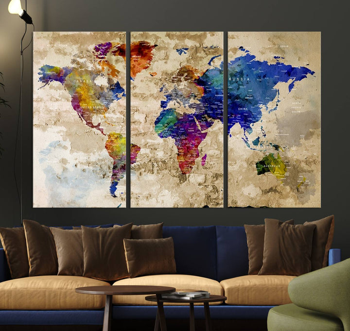Watercolor World Map Canvas Print World Map Wall Art Great Design Great Gift Idea