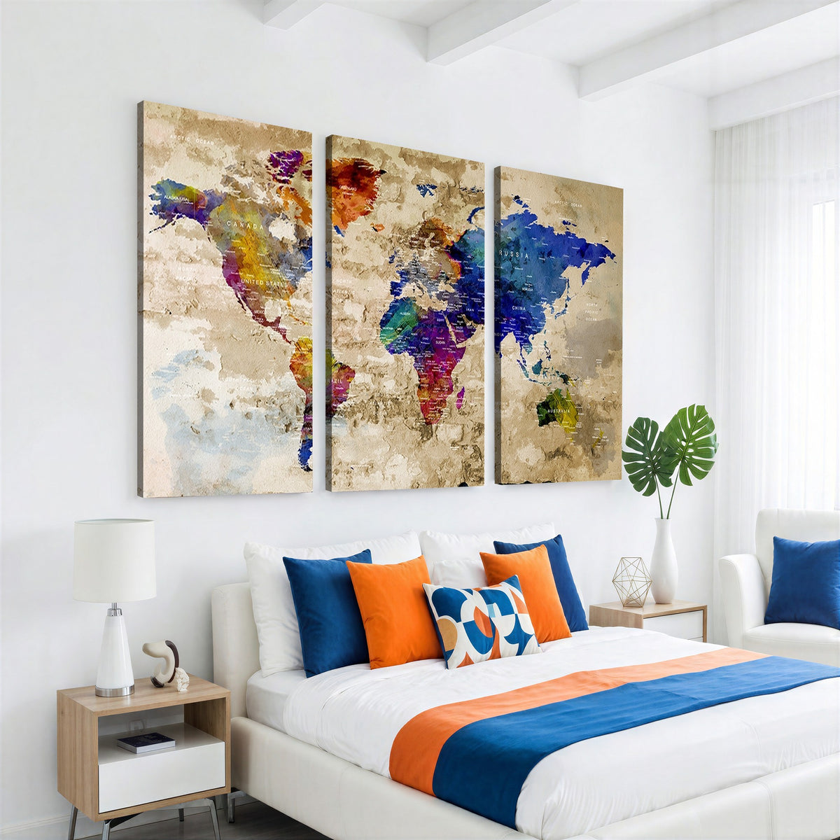 Colorful World Map Canvas Wall Art | Abstract Watercolor Map Print