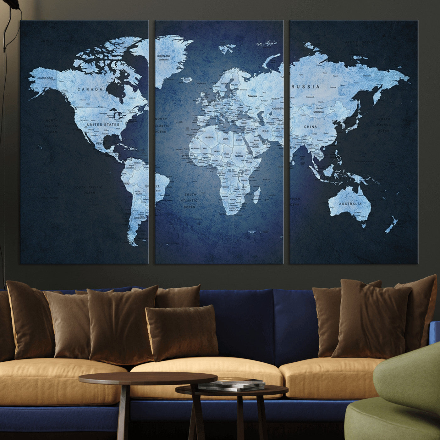 26249-MGV-CV-36X24-Blue World Map Canvas Wall Art – Framed Modern Push Pin Travel Map for Home and Office Decor, Elegant Navy Global Wall Artwork for Travelers